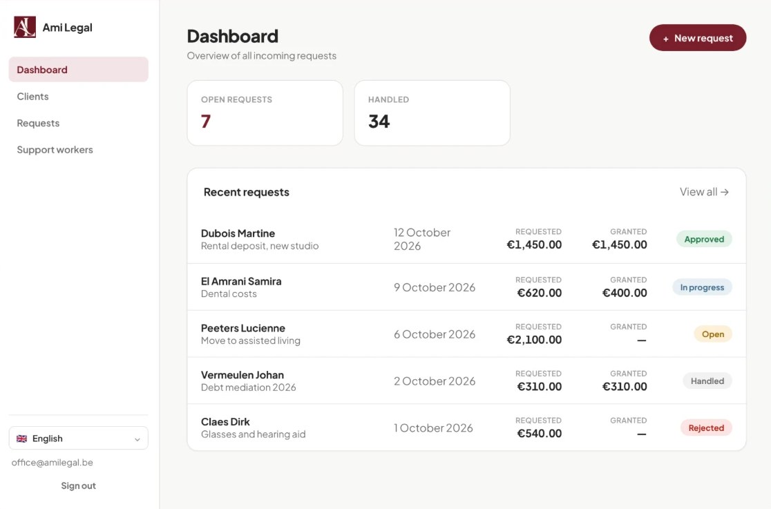 Dashboard van de Ami Legal-app